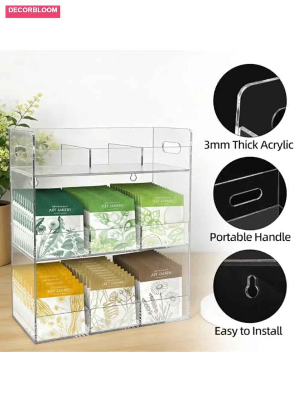 Acrylic Tea Bag Organizer, 3 Layer Countertop Storage for 150-170 Tea Bags, No